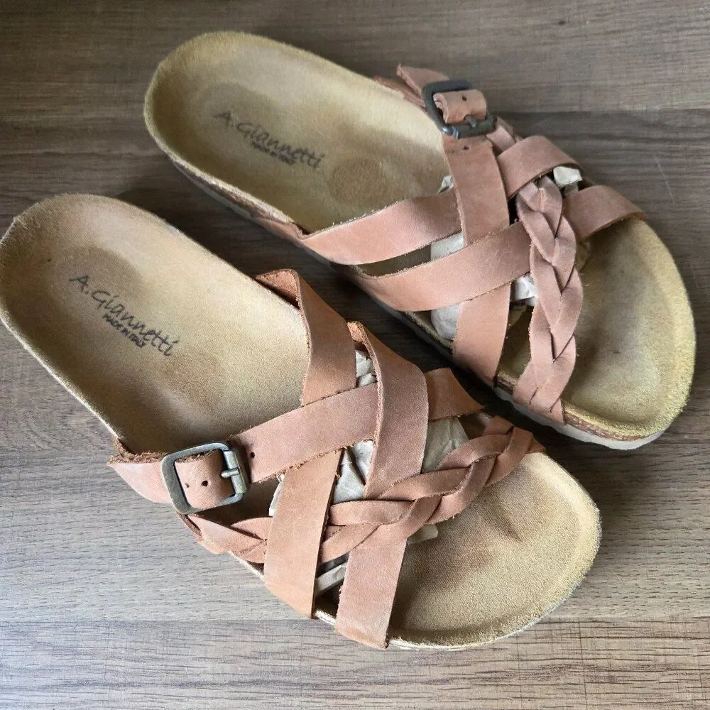 EUC A. GIANNETTI TAN GENUINE LEATHER SANDALS SLIPPERS MADE IN ITALY SIZE 8